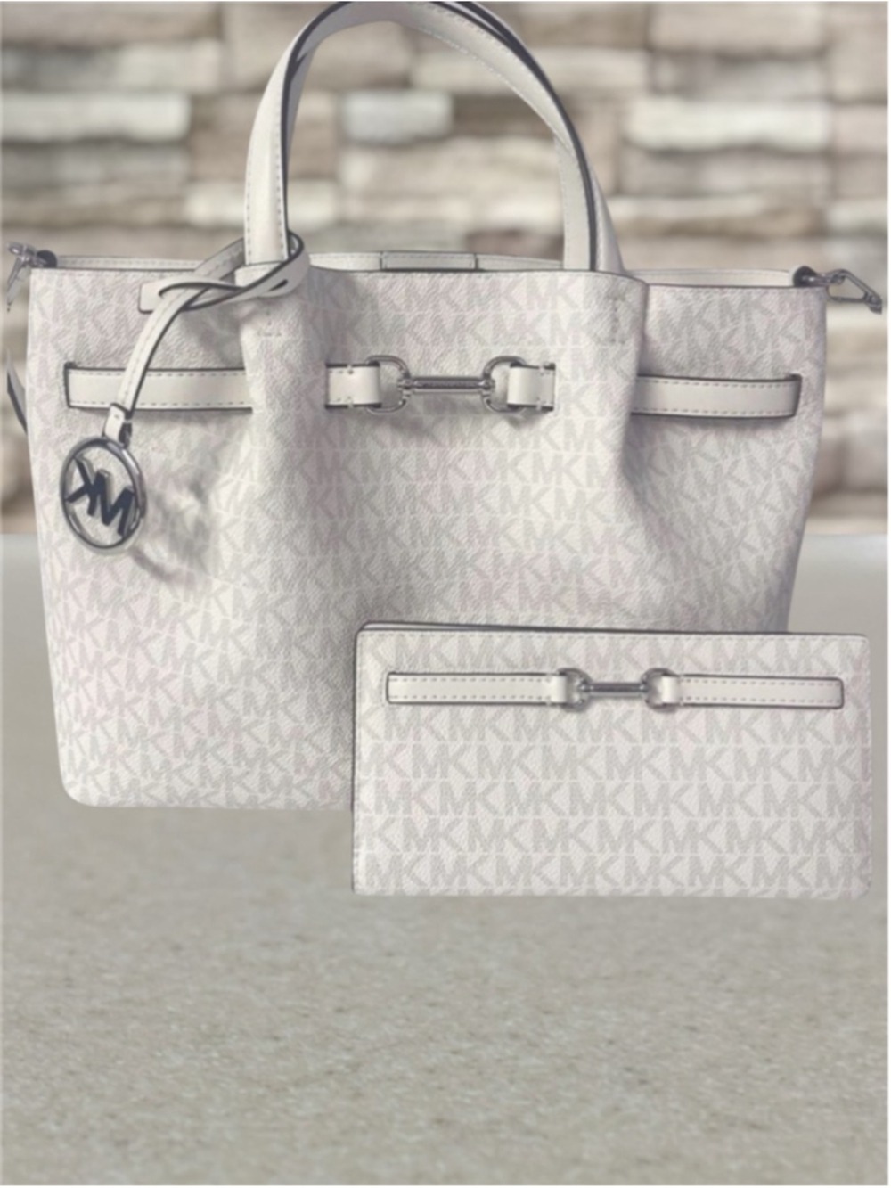Michael Kors Carson MK Signature Logo Satchel & Matching Wallet Optic White